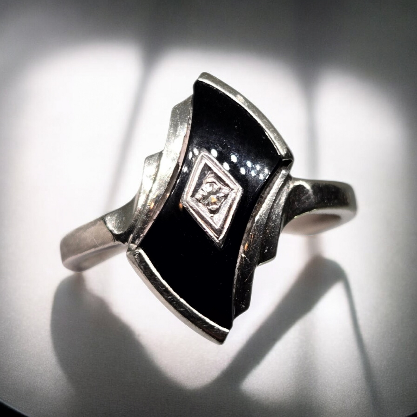 Black Onyx Ring with Diamond Accent in White Gold