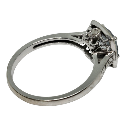 Aquamarine Halo With Diamond Accent White Gold Vintage Style Ring