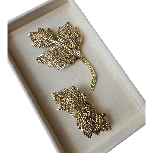 Large Leaf Brooch & Hair Clip Vintage Set Gold Tone Unique