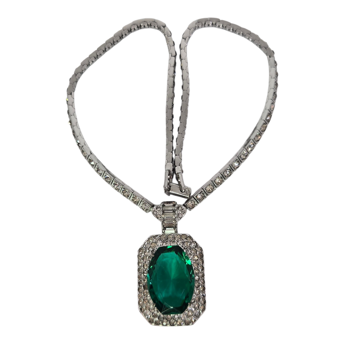 OTIS Sterling Emerald Green Double Halo Rhinestone Necklace