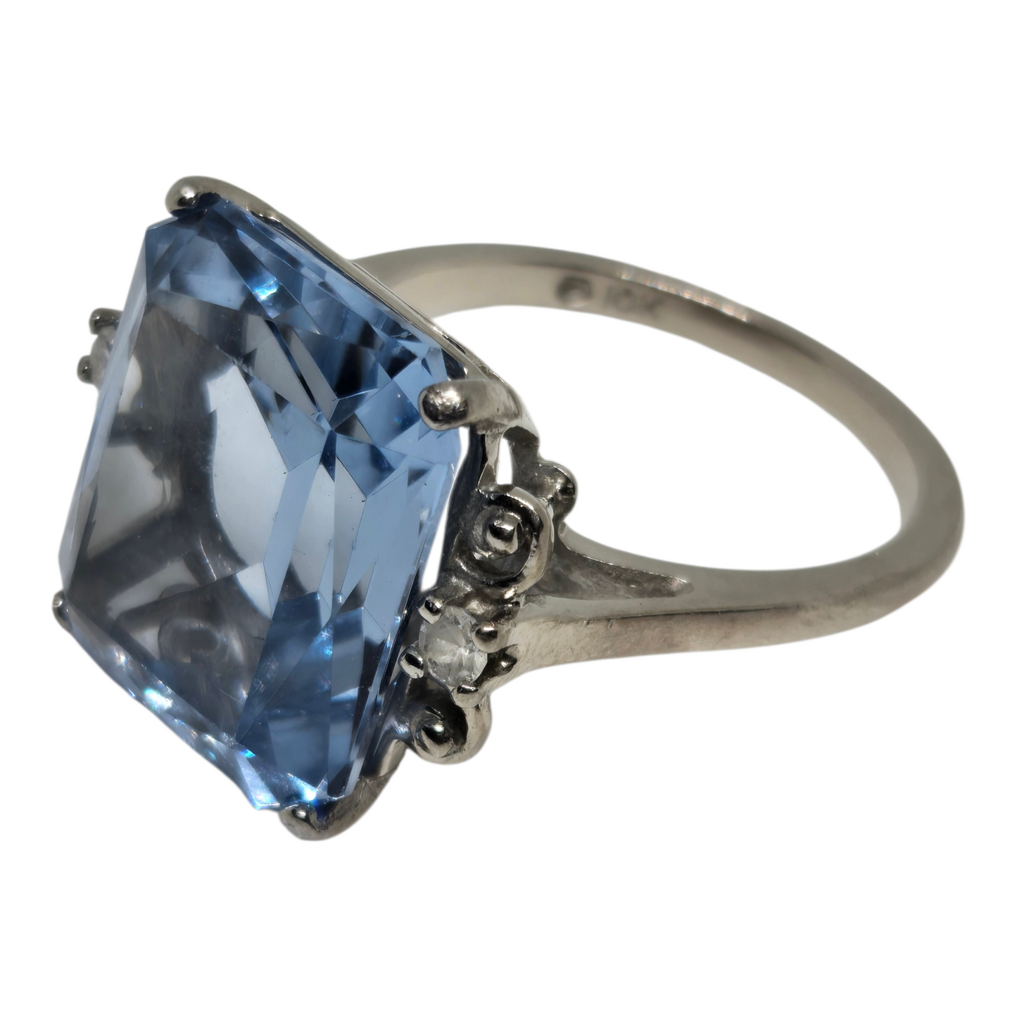 Blue Topaz Emerald Cut Cocktail Ring w/ Crystal Accents in White Gold