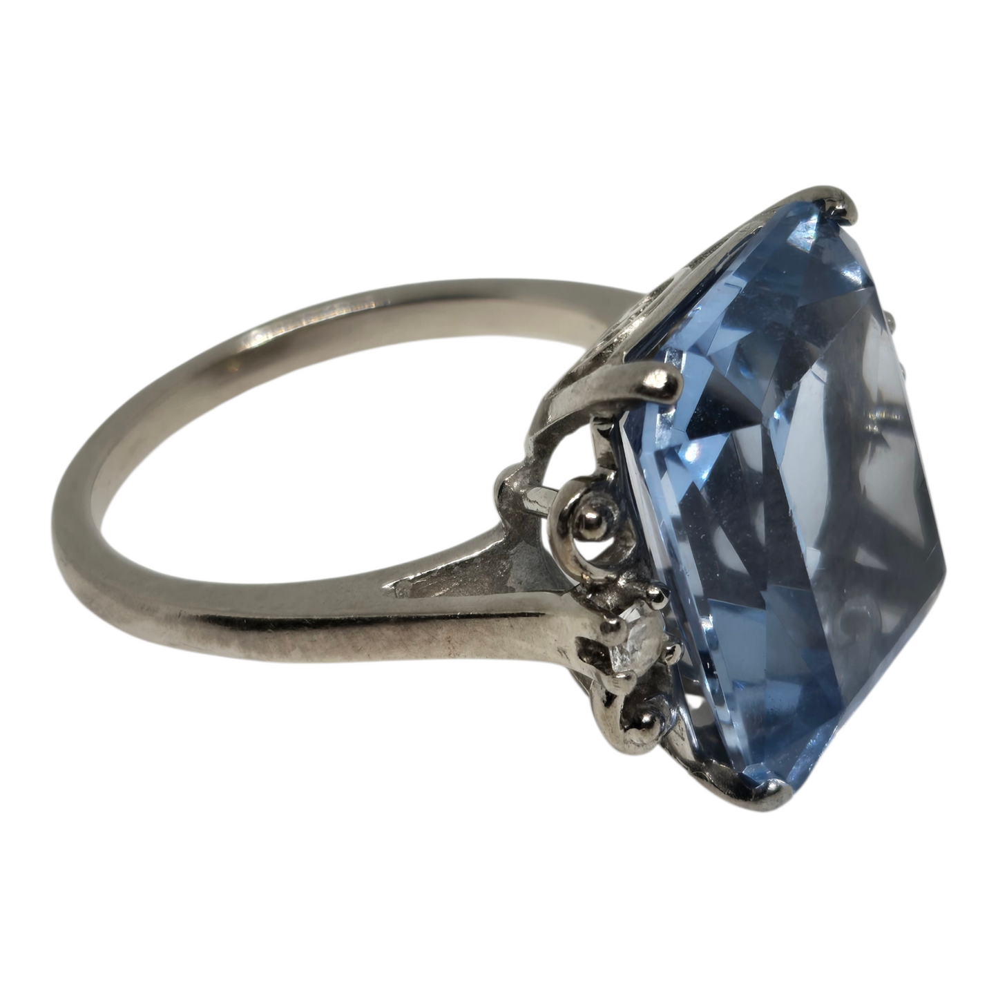 Blue Topaz Emerald Cut Cocktail Ring w/ Crystal Accents in White Gold