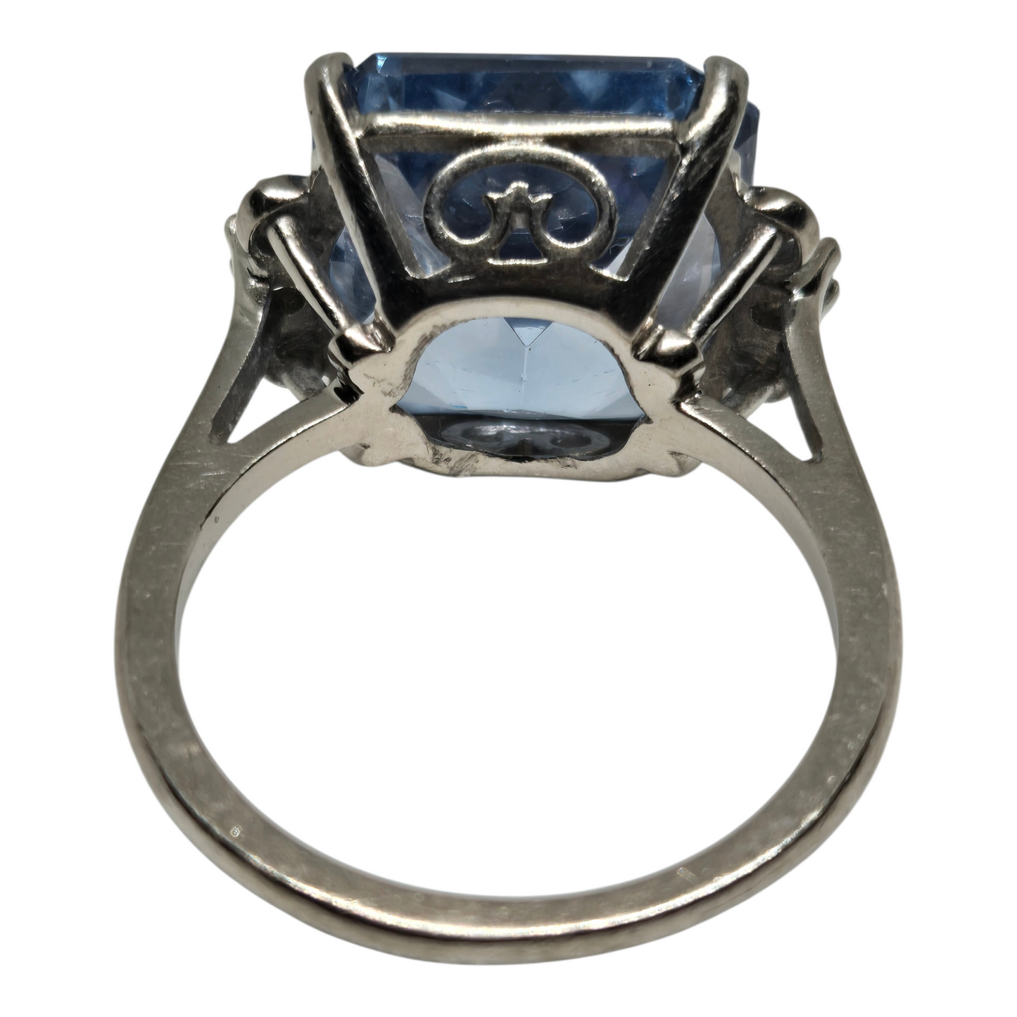 Blue Topaz Emerald Cut Cocktail Ring w/ Crystal Accents in White Gold