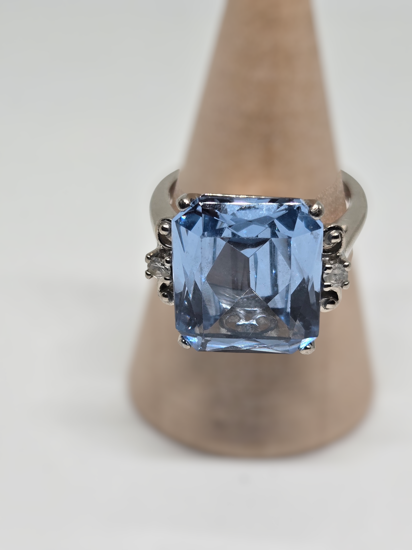 Blue Topaz Emerald Cut Cocktail Ring w/ Crystal Accents in White Gold