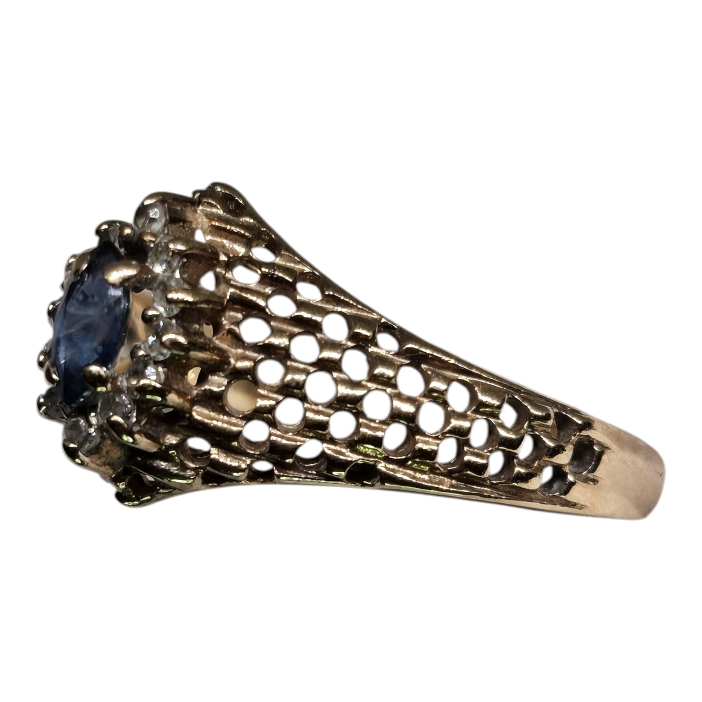 Marquise Cut Sapphire Ring with Diamond Halo in Yellow Gold