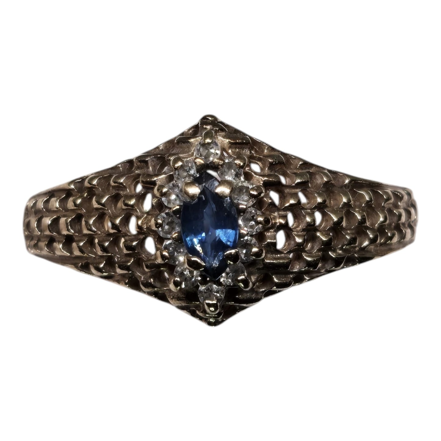 Marquise Cut Sapphire Ring with Diamond Halo in Yellow Gold