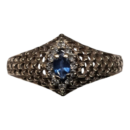 Marquise Cut Sapphire Ring with Diamond Halo in Yellow Gold