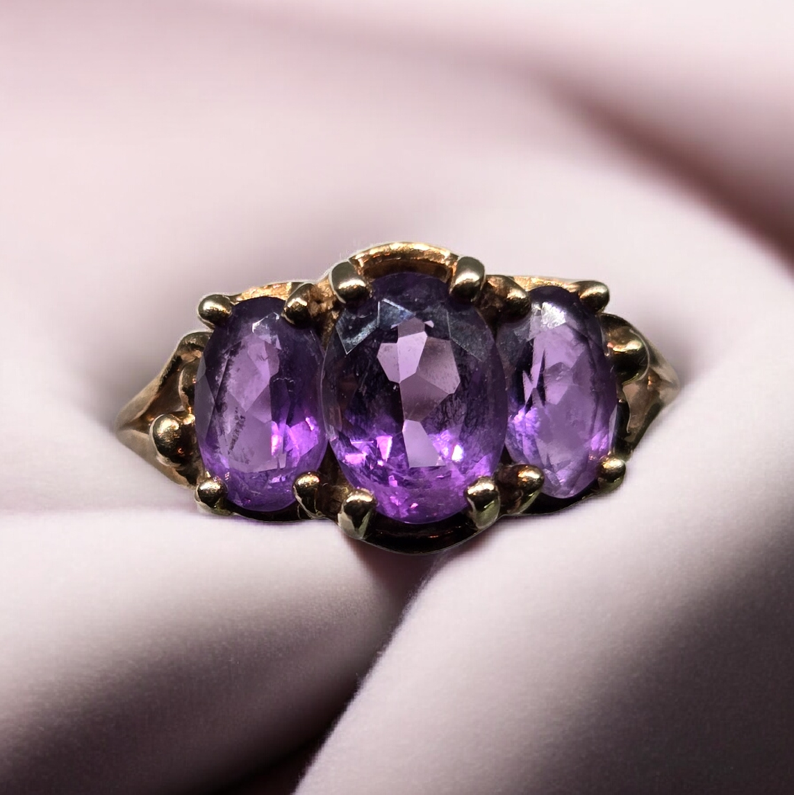 Amethyst Trio Gemstone Yellow Gold Cocktail Ring