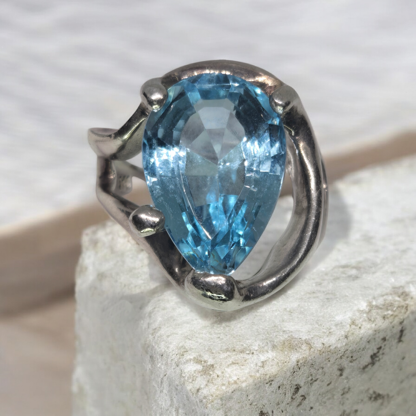Taxco Ocean Blue Teardrop Topaz Ring in Sterling Silver