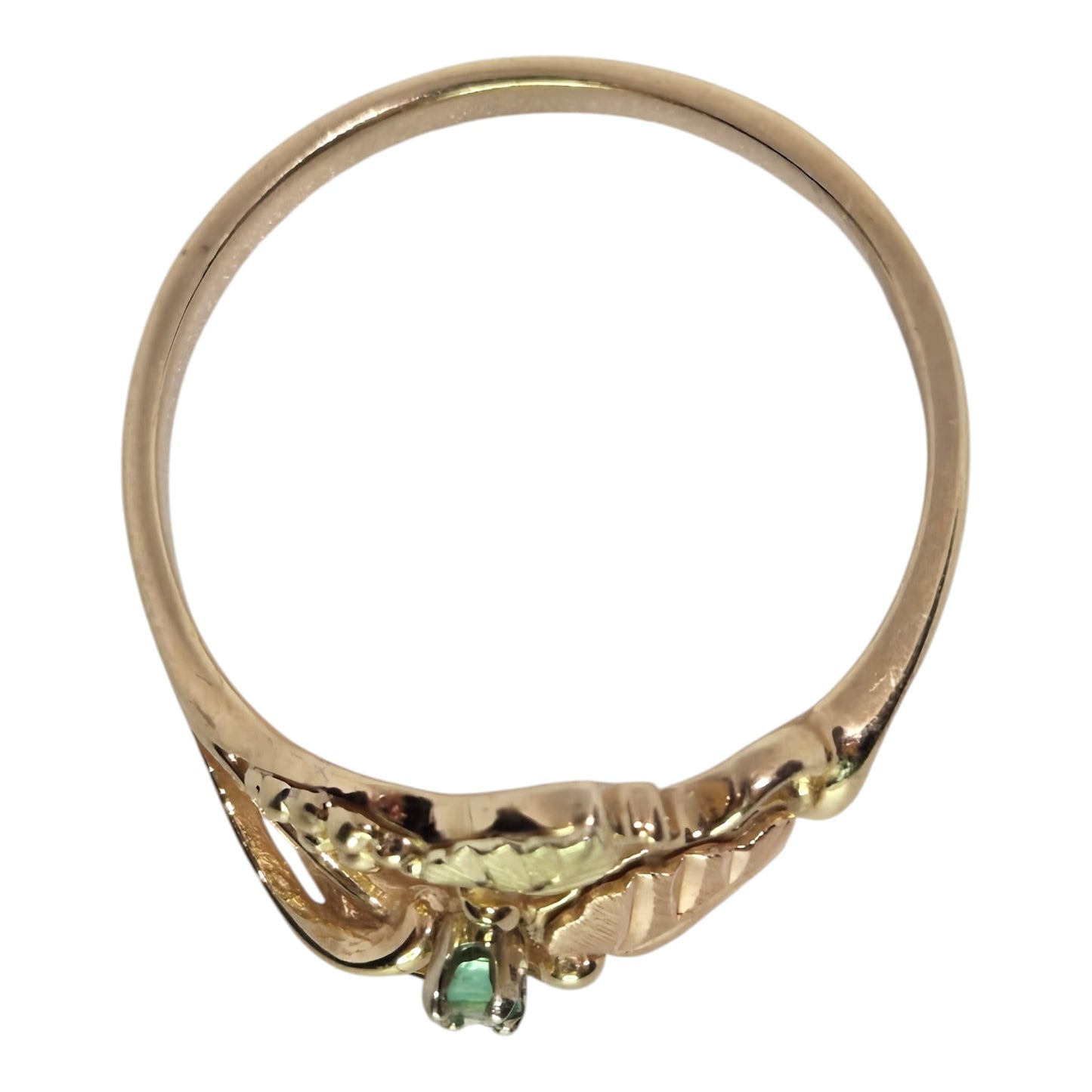Black Hills Gold Emerald Gemstone Grape Leaf Design Yellow & Rose Gold Ring