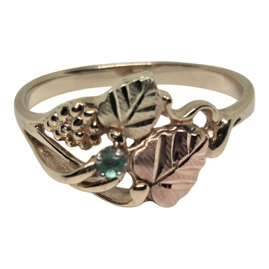 Black Hills Gold Emerald Gemstone Grape Leaf Design Yellow & Rose Gold Ring