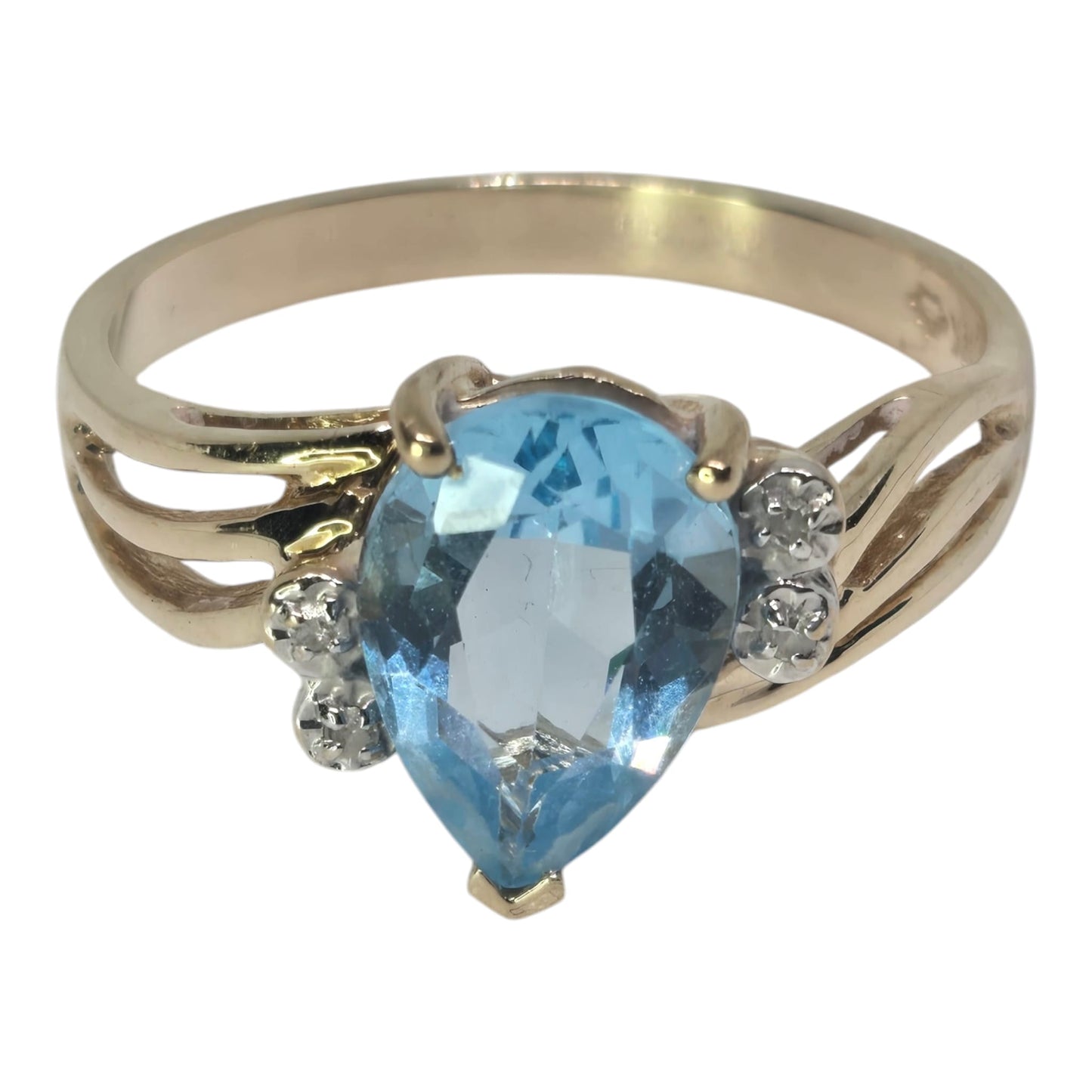 Blue Topaz Teardrop Ring with Diamond Accents Yellow Gold Ring