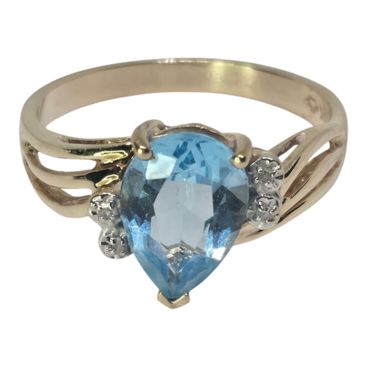 Blue Topaz Teardrop Ring with Diamond Accents Yellow Gold Ring