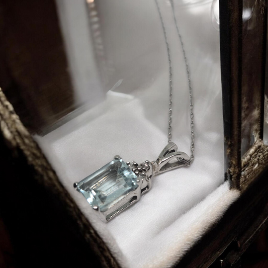 Aquamarine Diamond Accent Pendant White Gold Necklace