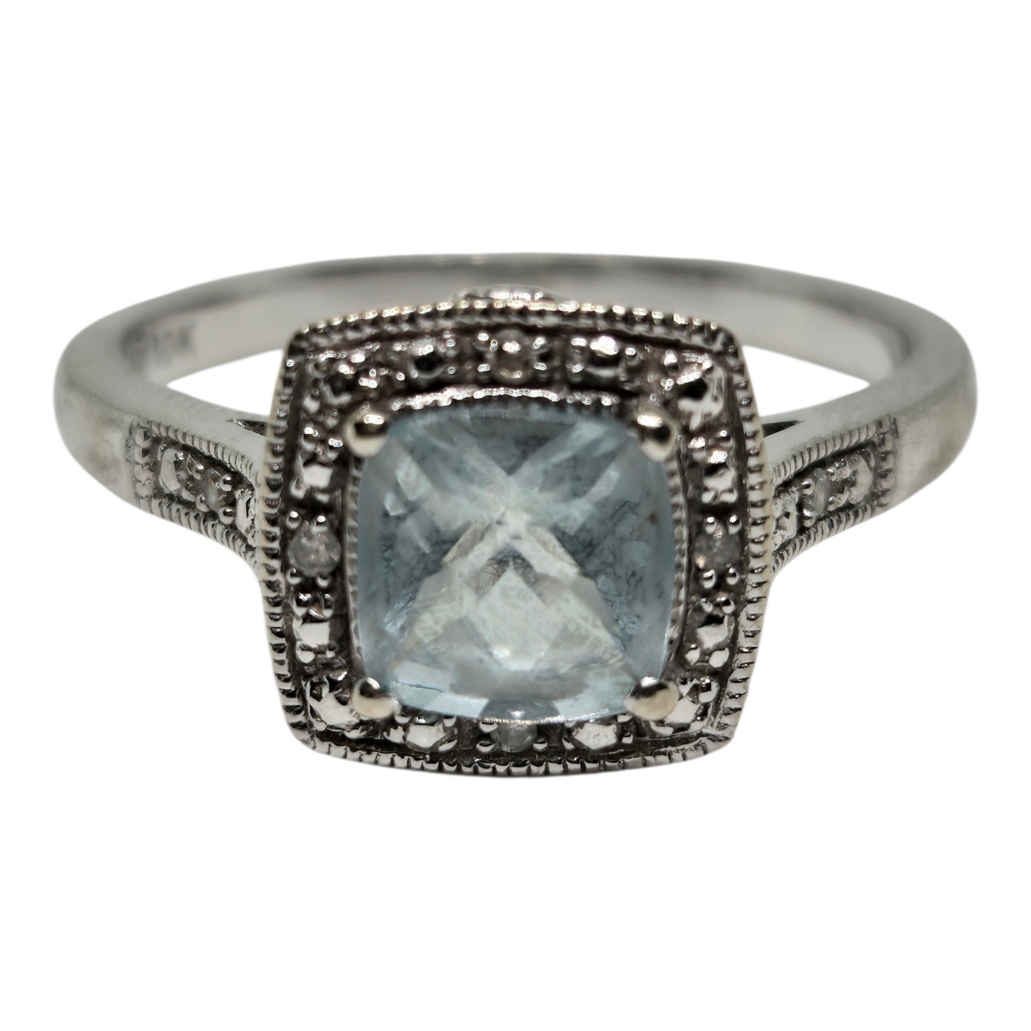 Aquamarine Halo With Diamond Accent White Gold Vintage Style Ring