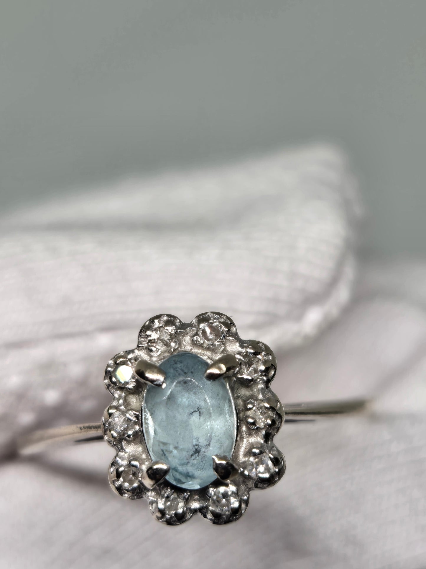 Aquamarine Oval Center Stone Halo with Diamond Accent Ring