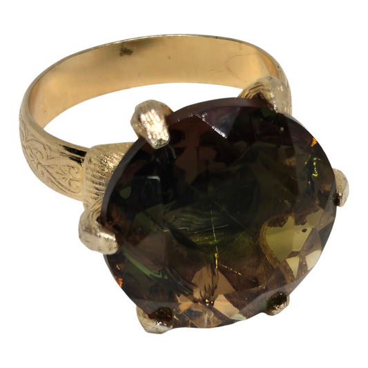 Large Smoky Quartz Rhinestone Gold Tone Adjustable Size Ring