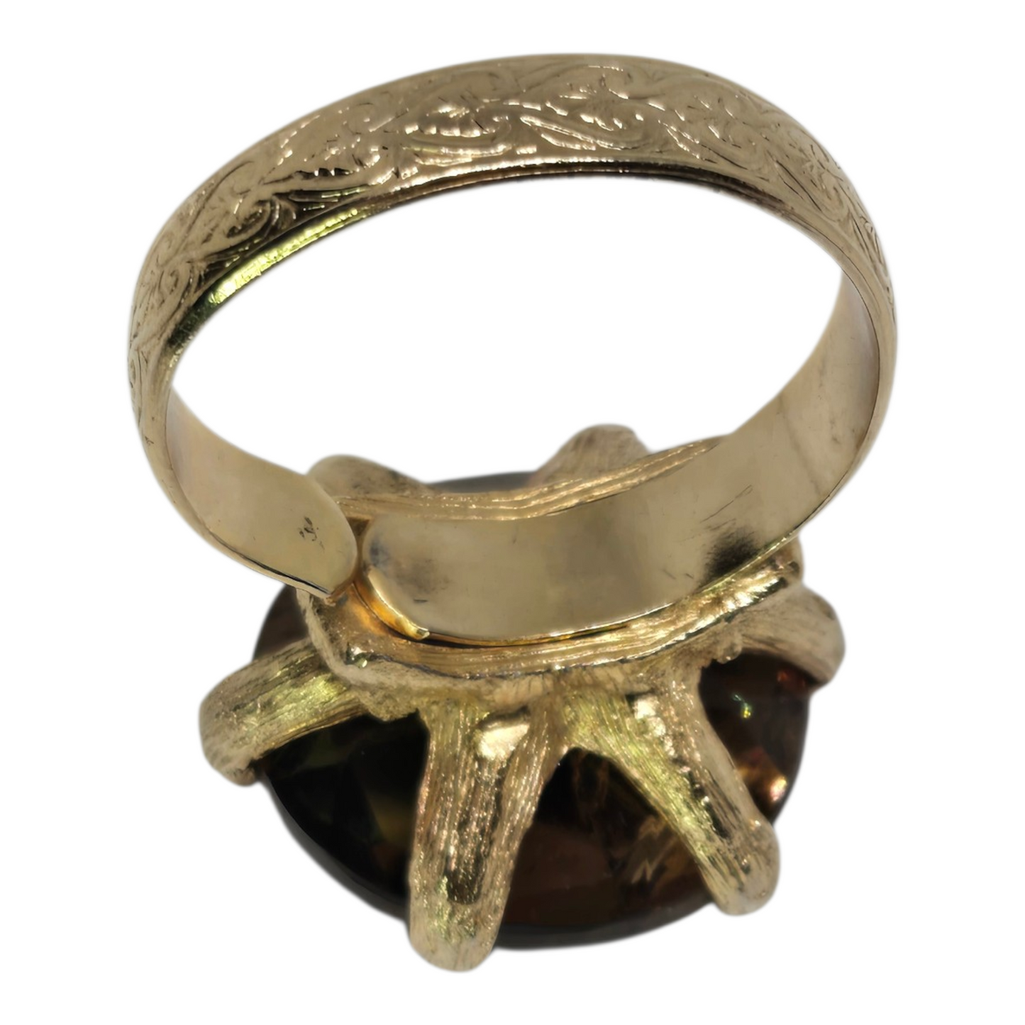 Large Smoky Quartz Rhinestone Gold Tone Adjustable Size Ring