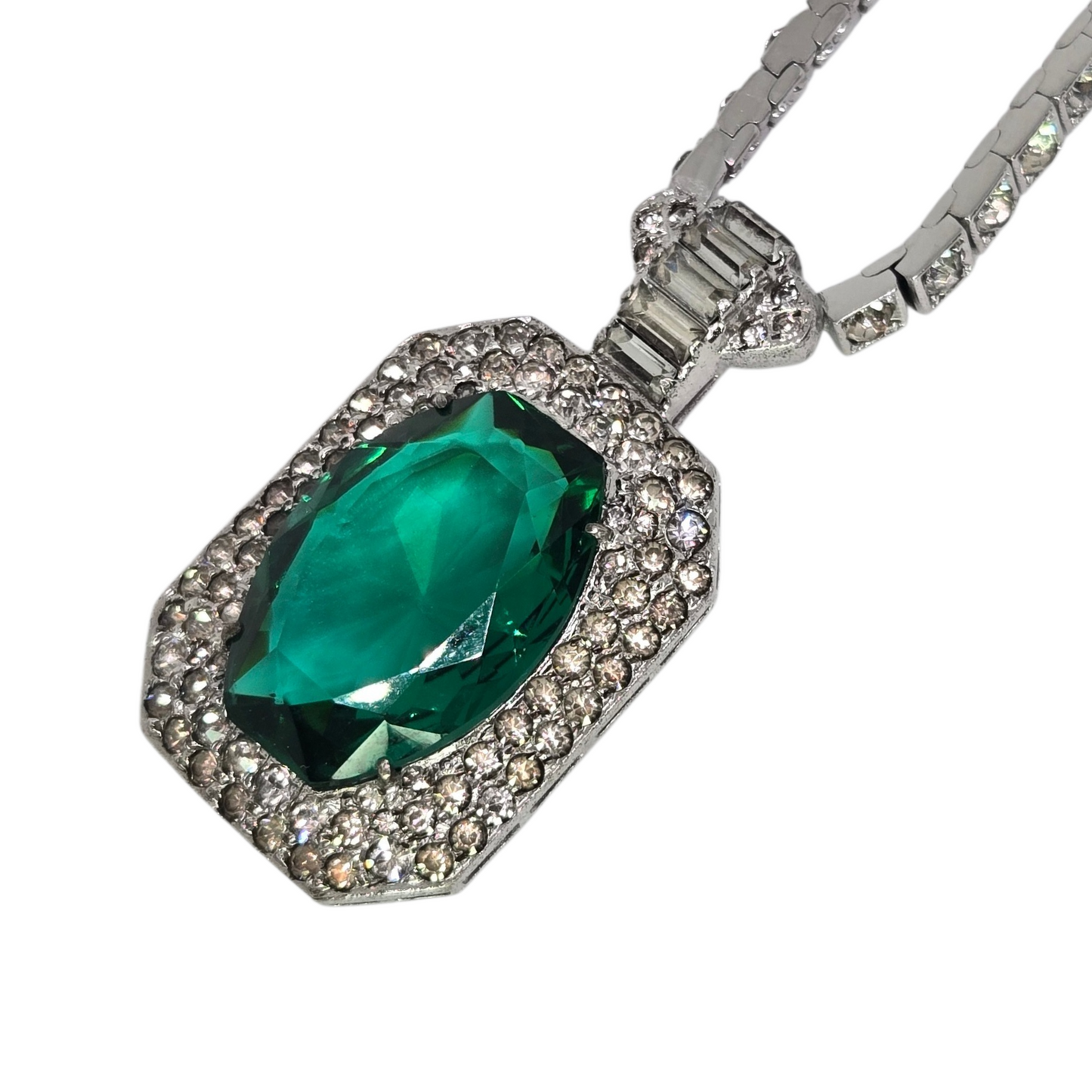 OTIS Sterling Emerald Green Double Halo Rhinestone Necklace
