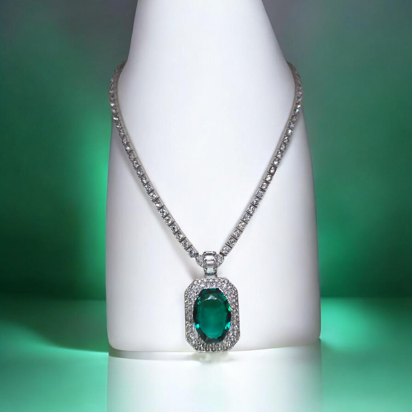 OTIS Sterling Emerald Green Double Halo Rhinestone Necklace
