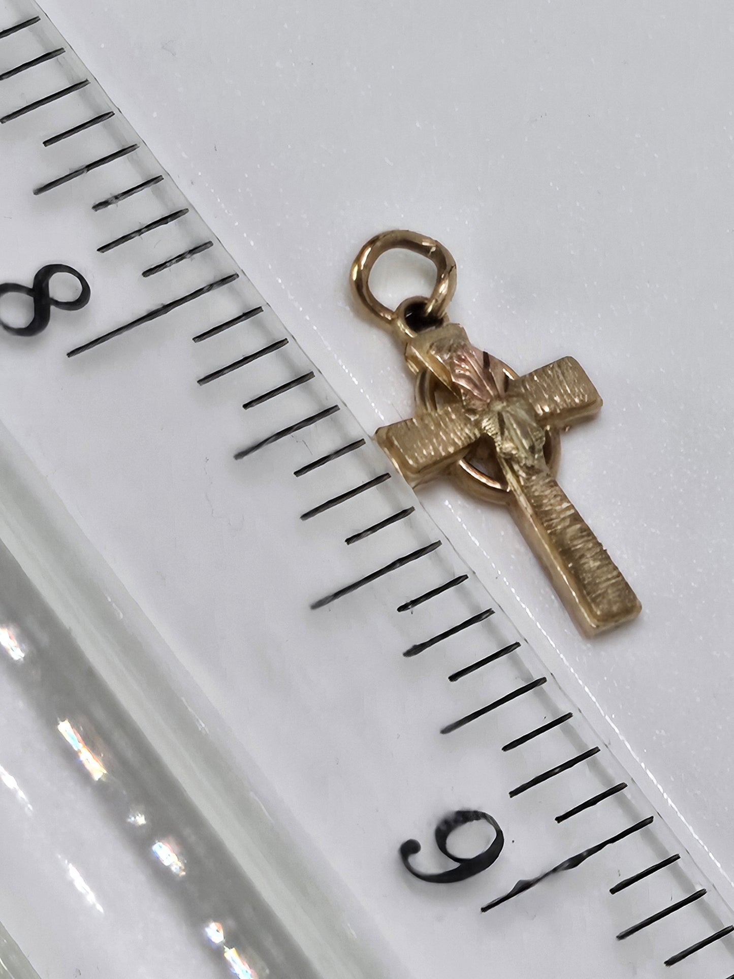Black Hills Gold Textured Cross Pendant Solid Yellow Gold Cross with Pink & Cream Leaf Accents