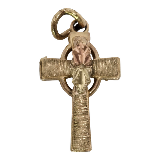 Black Hills Gold Textured Cross Pendant Solid Yellow Gold Cross with Pink & Cream Leaf Accents