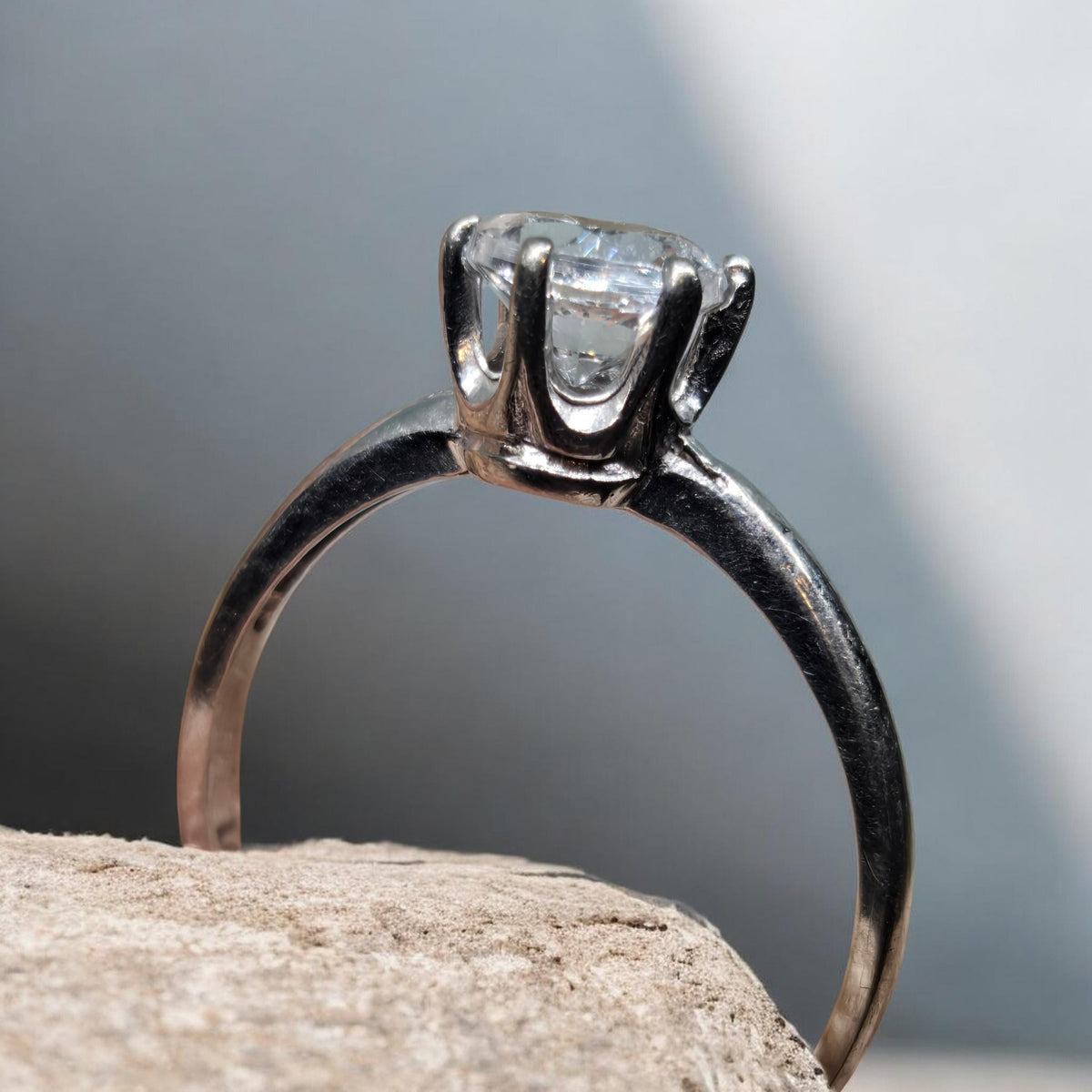 Cubic Zirconia White Gold Solitaire Ring, Vintage Estate Jewelry