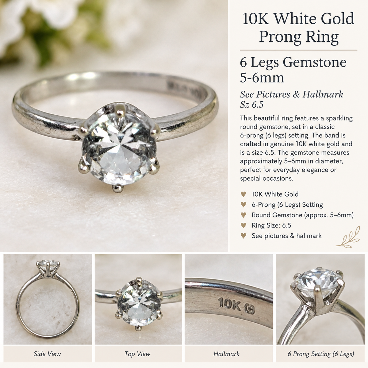 Cubic Zirconia White Gold Solitaire Ring, Vintage Estate Jewelry